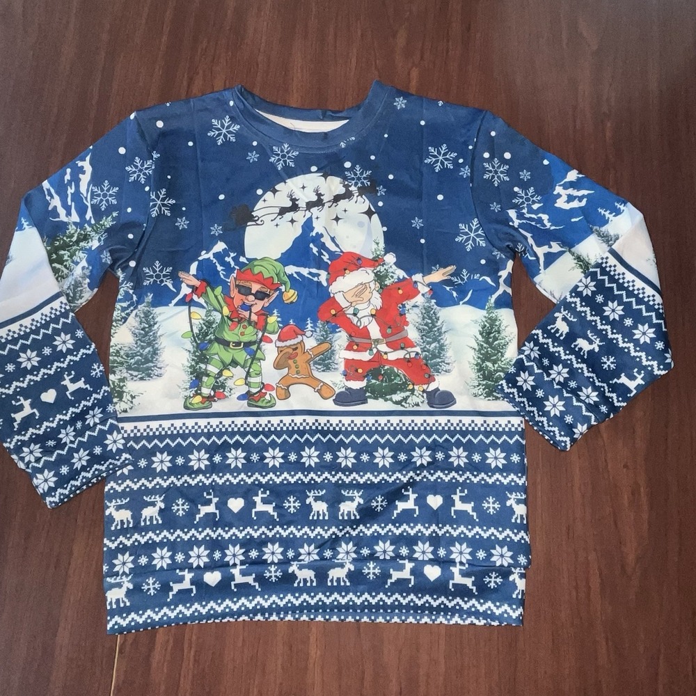 NWOT Besser Bay Kids Sz Medium Blue Crewneck Dabbing Santa Elf & Gingerbread Man